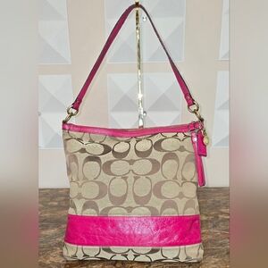 Coach Signature Canvas Shoulder Bag Pink Leather Trim Hangtag Zip Top Purse